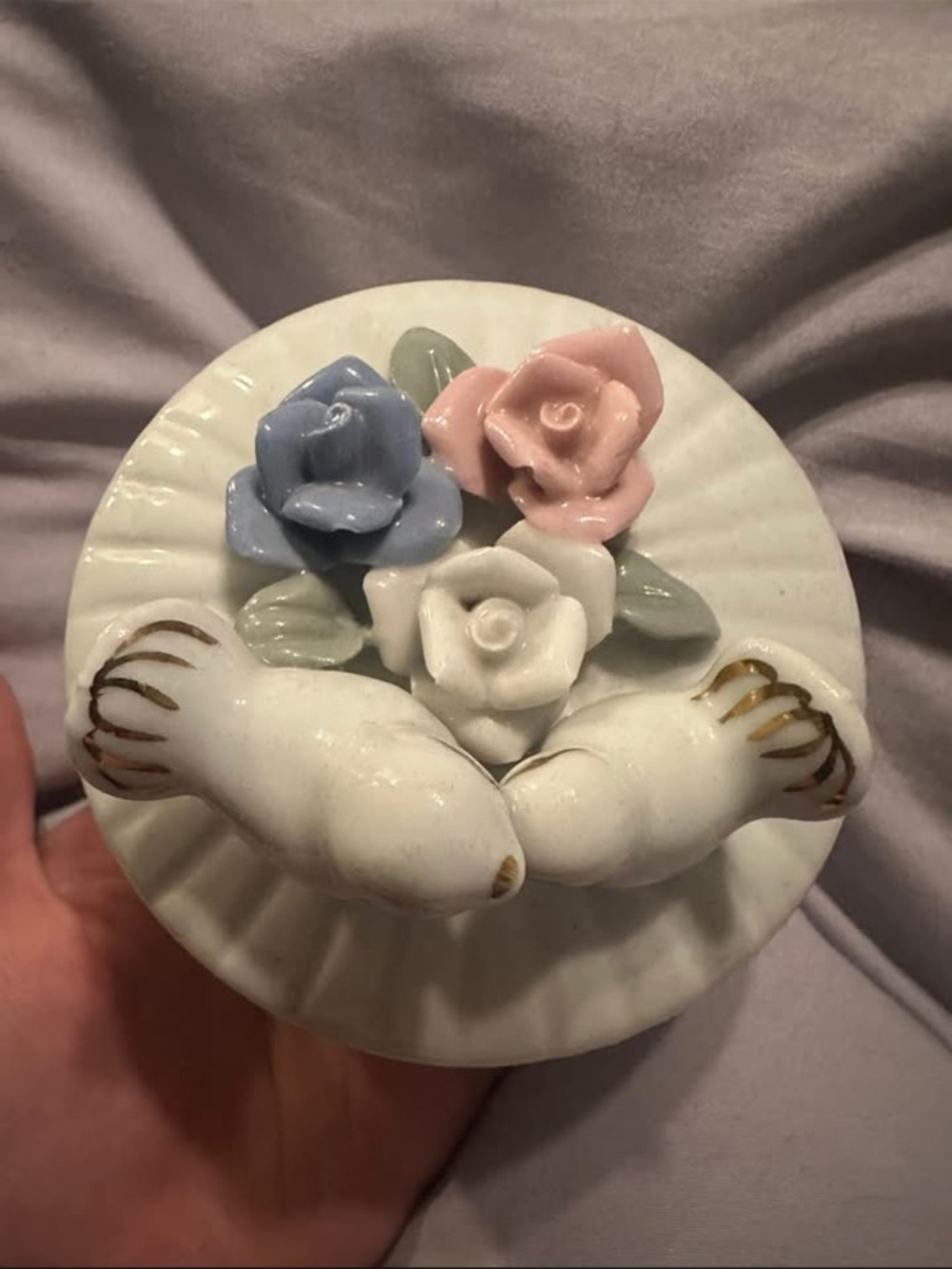 Porcelain Floral Trinket Box with Blue, Pink & White Roses